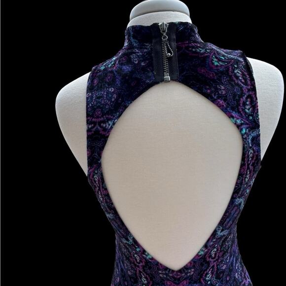 Bodycon Midi Dress Small Velvet Retro Revival 70s Psychedelic Backless High Neck - Picture 4 of 14